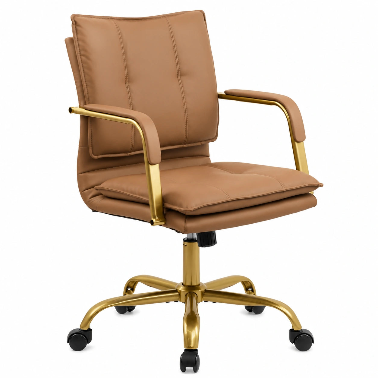 Bureau, en cuir, pivotant, rembourré, sur roulettes, coloris marron et doré, pour l’espace de travail